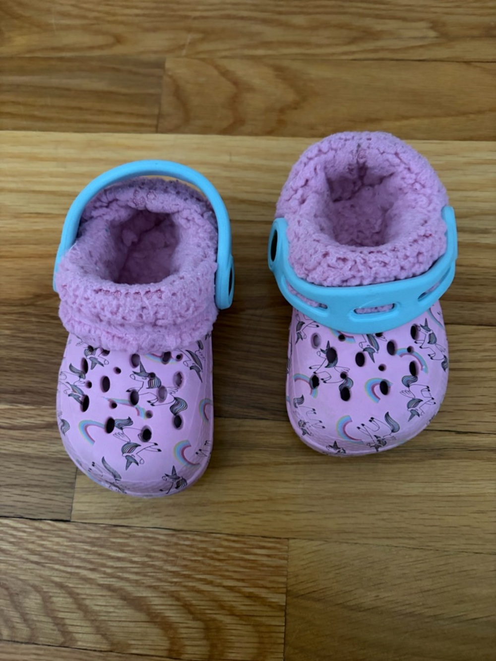 Kids Pink Unicorn  Clog with Light Blue Strap and Plush Lining